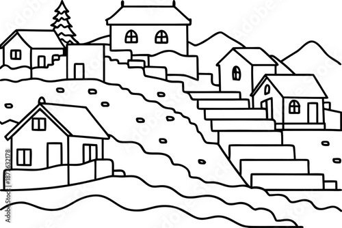 black and white illustration of houses on a hillside with mountains