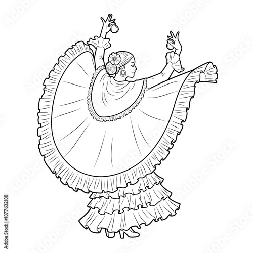 Elegant female dancer performing a traditional cultural dance with castanets in a dynamic illustration