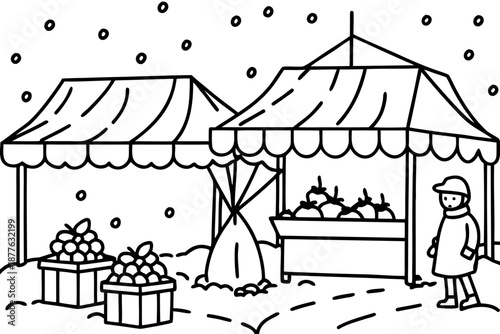 line drawing of a person standing next to a fruit stand on a snowy day with canopies and crates of fruit