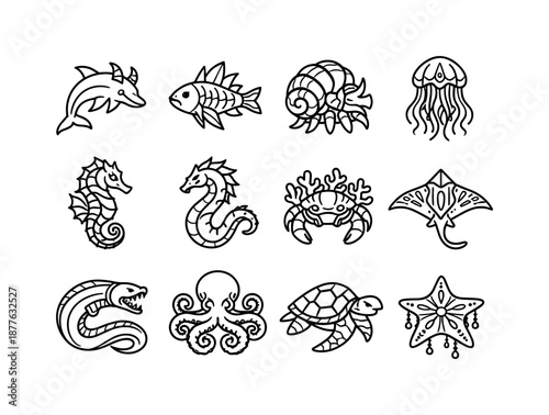 Atlantean Marine Icons. Atlantean marine creatures. Line icon set of Atlantean marine creatures: horned dolphin, crystal fish, spiral shell beast, glowing
