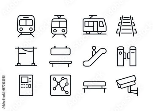 Urban Rail Icon Set. Urban rail transport. Line icon set of Urban rail transport: metro train, tram, light rail car, railway tracks, overhead cables, station