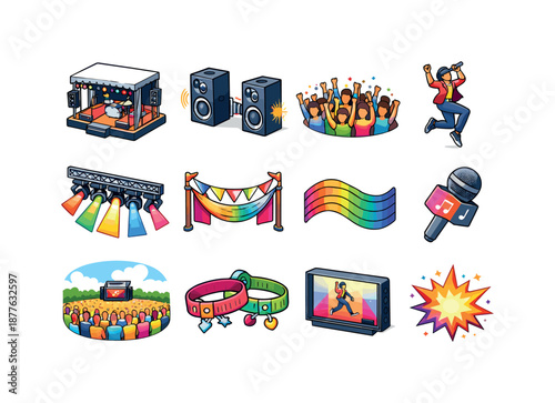 Festival Singing Icons. Festival Singing. Colorful isometric vector icons set of Festival Singing: outdoor stage, giant speakers, waving crowd, singer jump