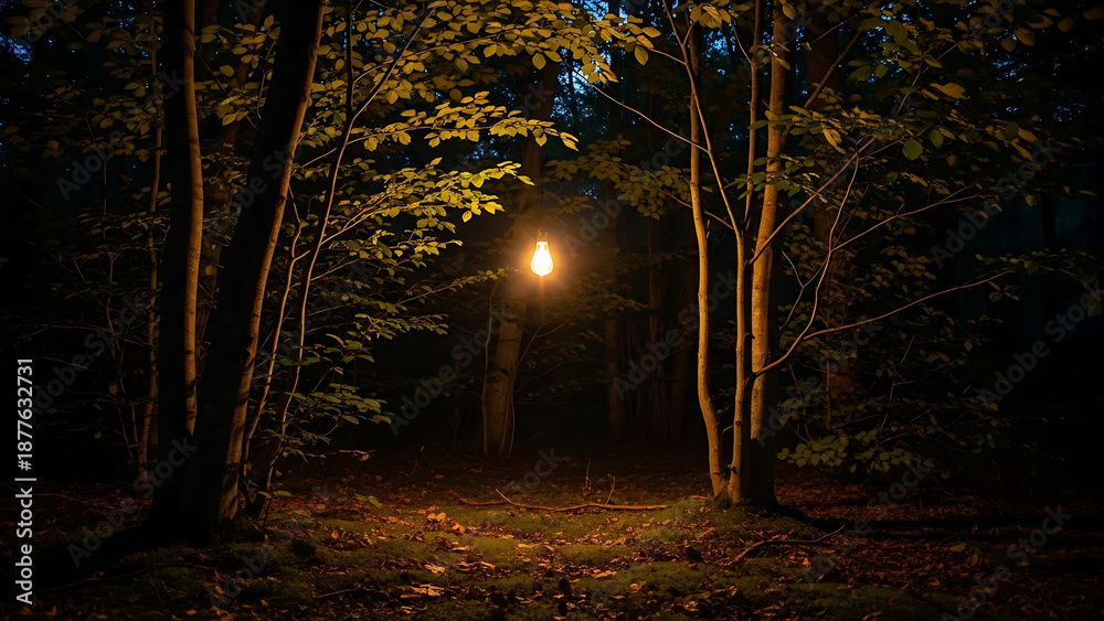 Fototapeta premium Mysterious forest path illuminated by a lone light source at night