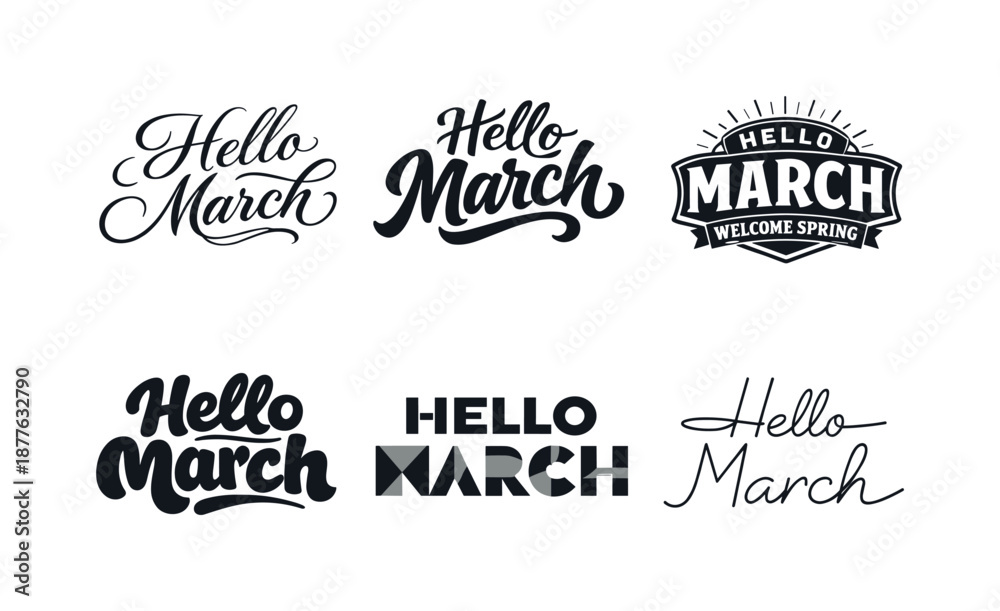 Fototapeta premium Creative Lettering Variations. HelloMarch. Set lettering. harmonious lettering variations of the same emblematic concept, each with different