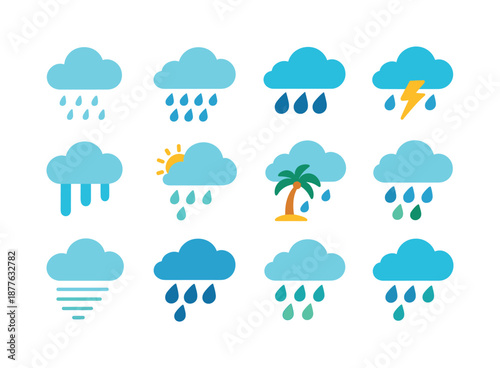 Colorful Rain Icon Set. rain types. Colorful flat vector icons set of rain types: light drizzle, steady rain, heavy rain, thunderstorm rain, freezing rain,