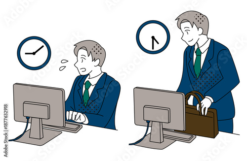 Businessman Working Overtime and Leaving Office Illustration