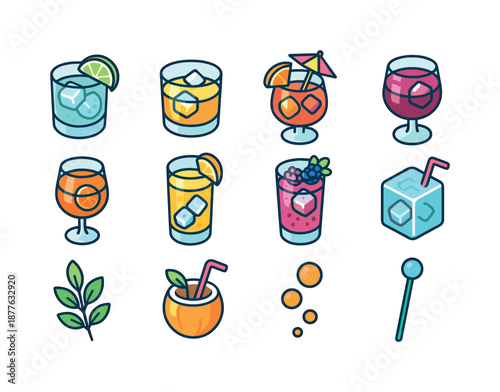 Colorful Cocktail Icons. Mixed drinks. Colorful isometric vector icons set of mixed drinks: gin tonic, whiskey sour, rum punch, sangria glass, spritz orange,