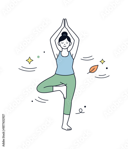 Tranquil Yoga Pose. Yoga set. A character in tree pose, arms raised and posture steady, expressing balance and inner calm. Light motion lines and abstract