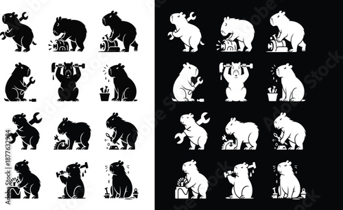 Capybara character set with tools and actions animal