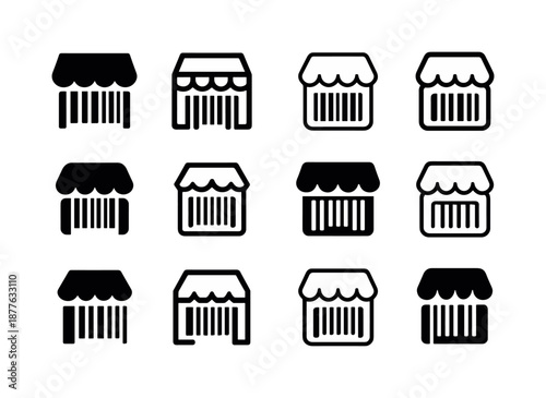 Harmonious Store Logo Variations. Store. Icon set. Set Logo of store: barcode. harmonious logo variations of the same emblematic concept, each with different