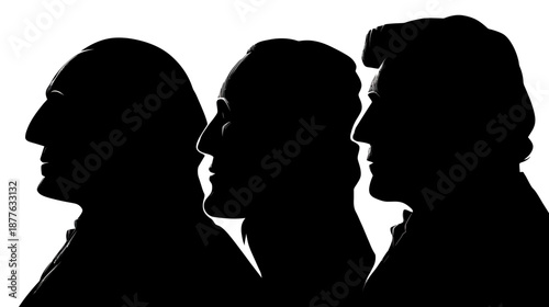 Silhouettes of three men in profile, rendered in black against a bright white background
