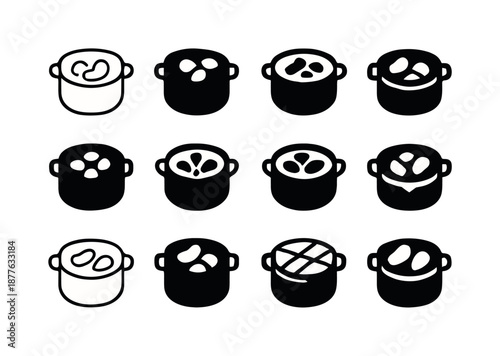 Cooked Beans Icons. cooked beans. Icon set. Set Logo of cooked beans: bean stew pot. harmonious logo variations of the same emblematic concept, each with
