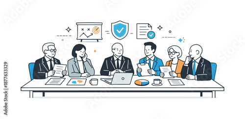 Strategic Board Meeting. Board of directors meeting. Executives discussing strategy and compliance at a structured table. Thoughtful decision making with