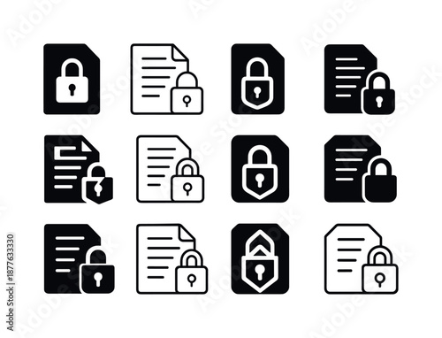Loan Icons Collection. Loan agreement. Icon set. Set Logo of loan agreement: secure document lock. harmonious logo variations of the same emblematic concept,