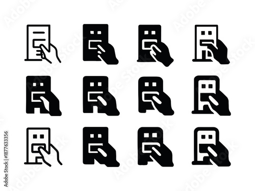 Building Drawer Icons. building opening a jammed drawer. Icon set. Set Logo of building opening a jammed drawer: hand pulling tight drawer handle. harmonious