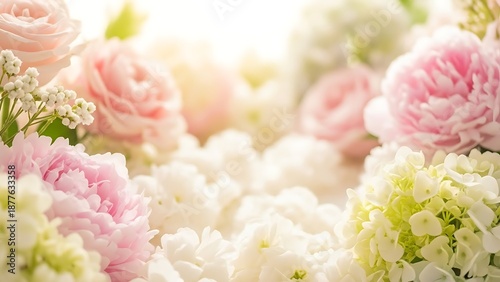 A delicate bouquet of pastel roses peonies and other blooming flowers