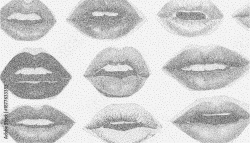 Collage background with lips in grainy halftone texture and photocopy grit, layered over aged paper with subtle speckles for a vintage grunge inspired look.