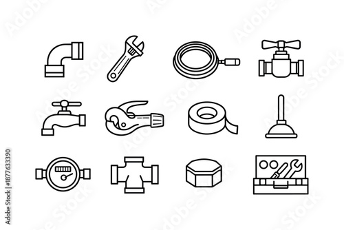 Plumbing Tools Icon Set. Plumbing work. Line icon set of Plumbing work: pipe section, adjustable wrench, drain snake, valve, faucet, pipe cutter, seal tape,