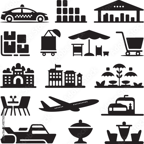 black and white icons of travel and transportation objects