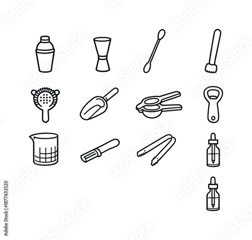 Bar Tools Icons. Bar tools. Line icon set of Bar tools: cocktail shaker, jigger, bar spoon, muddler, strainer, ice scoop, citrus press, bottle opener, mixing