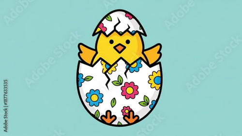 Yellow Chick Hatching from Floral Eggshell on Blue Background