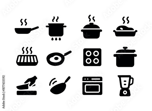 Cooking Technique Icons. Cooking techniques. Solid icon set of cooking techniques: saute pan, boiling pot, steaming basket, roasting tray, grill icon, frying