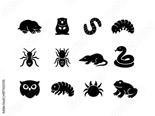 Underground Creatures Icons. Underground animals. Solid icon set of underground animals: mole, gopher, earthworm, beetle larva, ant, termite, shrew, snake,
