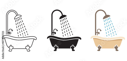 Bath and shower vector icons, featuring bathtub, showerhead, flowing water, bubbles, representing personal care, hygiene, relaxation, minimalistic design, modern bathroom illustration.