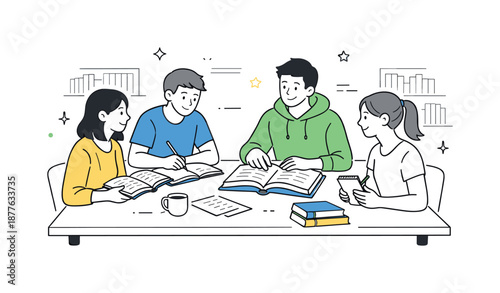 Library Study Group. Library study group. Students sitting around a table in a quiet library sharing books and notes, calm concentration and focused group
