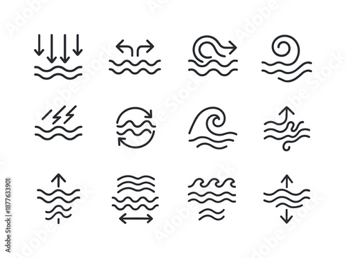 Ocean Movement Icons. Riptides. Line icon set of ocean movement symbols: pull-back arrows, outward surge, looping current, energy flow lines, tide cycle icon,