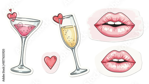 Watercolor style illustration featuring festive alcoholic drinks with hearts and alluring pink lips perfect for celebrations or romantic themes