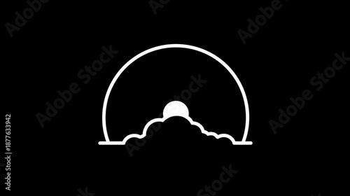Minimalist line art illustration of a sun or moon rising above serene clouds on a black background. Simple graphic icon.