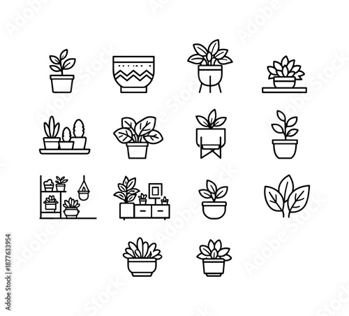 Indoor Plant Icon Set. Indoor Plant Decor. Line icon set of Indoor Plant Decor: houseplant in pot, decorative ceramic pot, floor standing plant, table plant,
