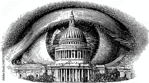 Black and white illustration of a building in the eye of a stylized illustration of an eye