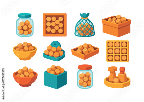 Cork Storage Icons. Cork storage. Colorful flat vector icons set of cork storage: cork jar, display frame, mesh bag, cork box, collector?s bowl, wall-mounted