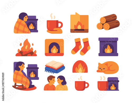 Cozy Fire Icons. Cozy fire scenes. Colorful flat vector icons set of cozy fire scenes: person wrapped in blanket, steaming mug in hand, firewood stack, glowing
