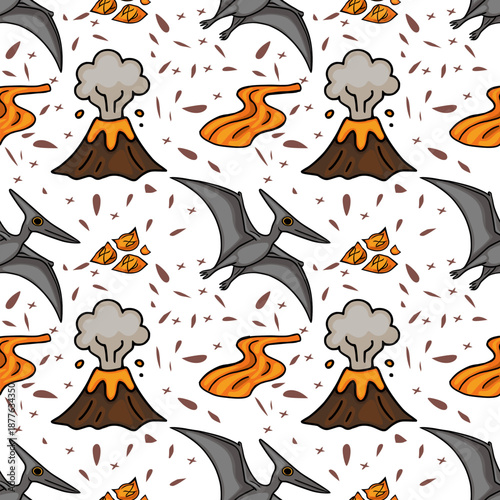 Seamless vector pattern of cute dinosaurs, volcanoes, and lava flows