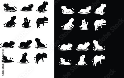 Black and white capybara in water and on a ledge rodent