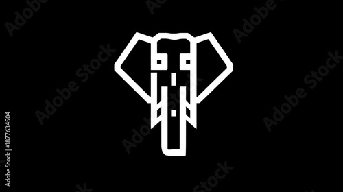 Geometric white outline elephant head icon on black background, minimalist modern animal logo design concept, creative wildlife illustration
