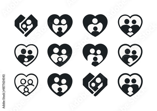 Crisis Support Icons. Family support systems in times of crisis. Icon set. Set Logo of family support systems in times of crisis: heart embracing family.