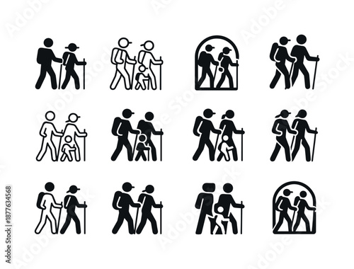 Family Hiking Logos. family hiking together. Icon set. Set Logo of family hiking together: parents and child holding trekking poles. harmonious logo variations