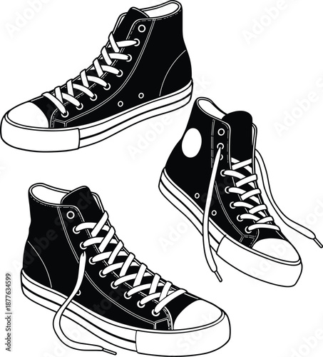 Black high-top sneakers with white soles and laces shown in multiple angles for fashion, footwear, streetwear, and vector illustration design