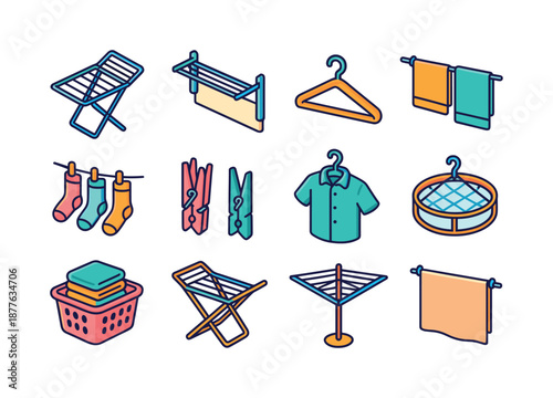 Colorful Laundry Icons. Laundry drying rack. Colorful isometric vector icons set of laundry drying rack: foldable drying rack, wall-mounted rack, clothes