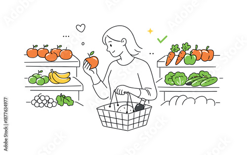 Shopping for Fresh Produce. Grocery shopping selection. Shopper choosing fresh fruits and vegetables from shelves. Careful choice, healthy lifestyle and calm
