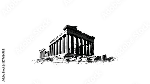Black and white illustration of an ancient Greek temple, showing pillars and a detailed roof