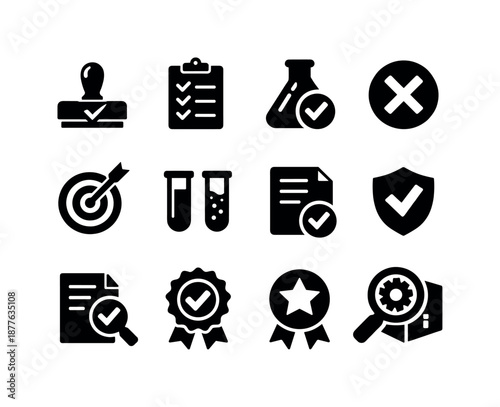Quality Control Icons. Quality control. Solid icon set of Quality control: QC stamp, test checklist, approved flask, rejected mark, accuracy graph, control