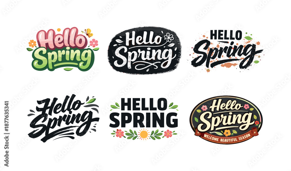 Fototapeta premium Harmonious Lettering Styles. Soft Spring Mood. Set lettering. harmonious lettering variations of the same emblematic concept, each with different artistic