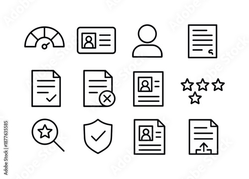 Credit Evaluation Icons. Loan agreement. Line icon set of credit evaluation: credit score gauge, ID document, profile silhouette, financial history sheet,