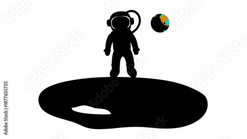 Astronaut standing on asteroid near Earth in space