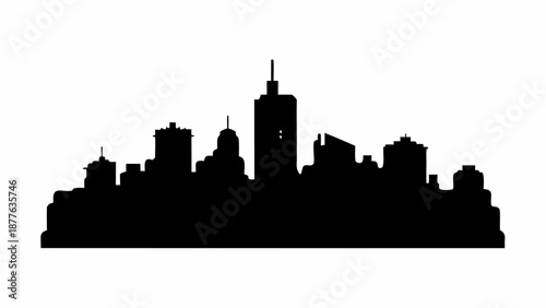 Modern city skyline silhouette at dusk with tall buildings
